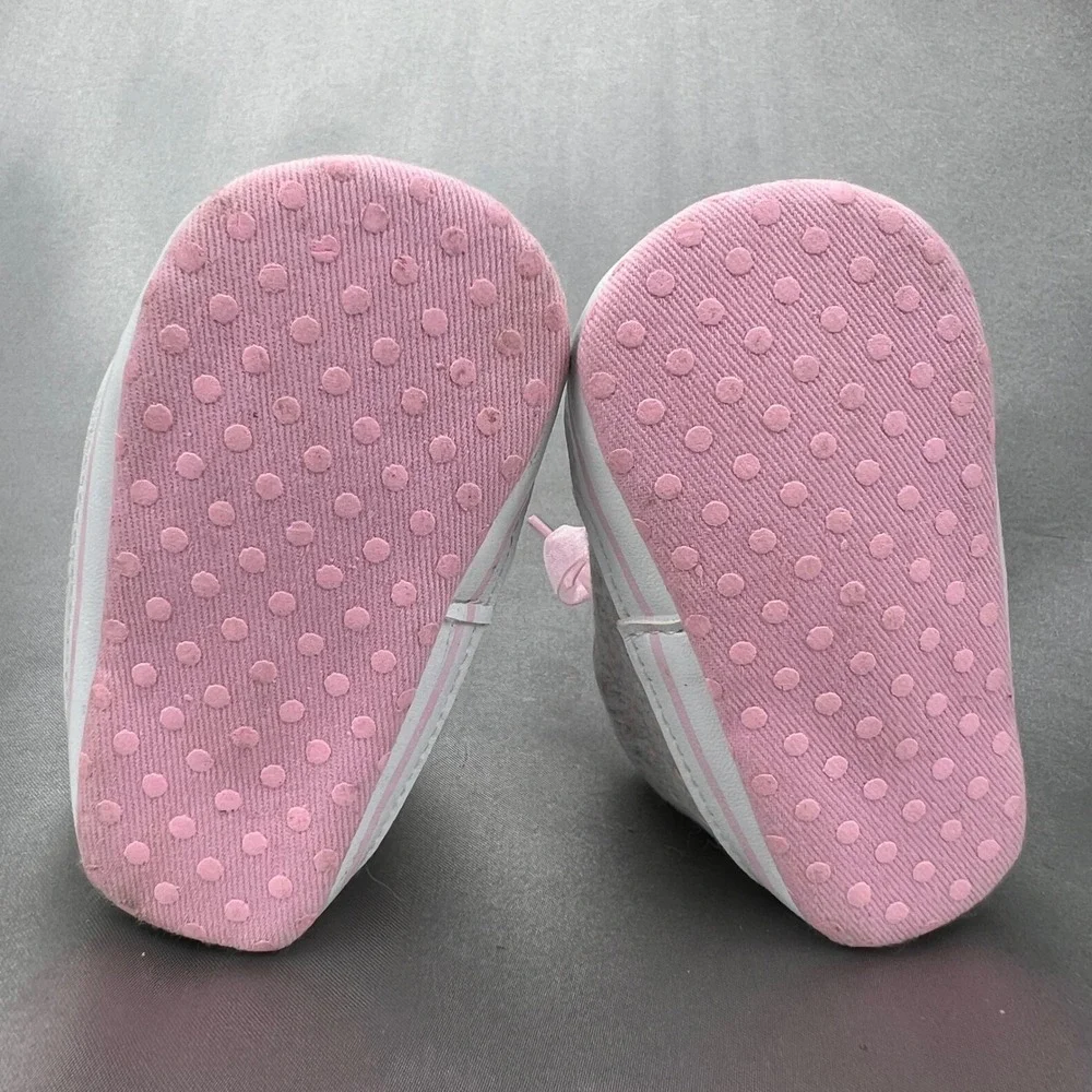 Infant Baby Girl Crib Shoes Gray Pink Polka Dot Heart Ribbon Lace High‎ Top 3-6M